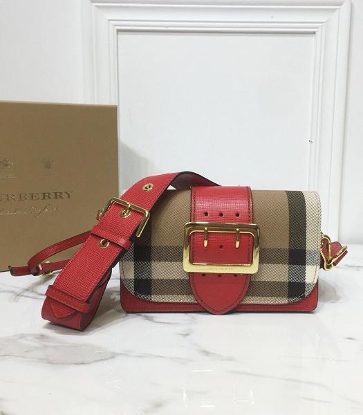 Burberry House Check Canvas With Red Original Real Leather Small Buckle Bag