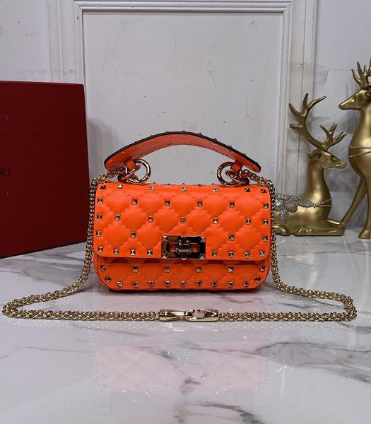 Valentino Garavani Rockstud Spike Orange Imported Wrinkle Lambskin 17cm Top Handle Chain Bag