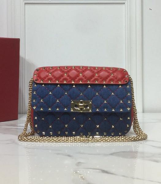 Valentino Garavani Rockstud Spike Blue Demin With Red Original Wrinkle Lambskin 20cm Shoulder Bag