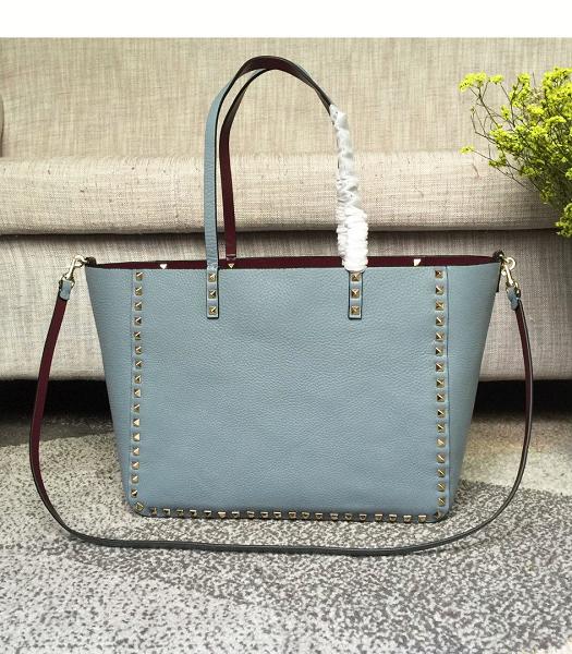 Valentino Light Blue Original Real Leather 33cm Reversible Tote Bag Golden Rivet