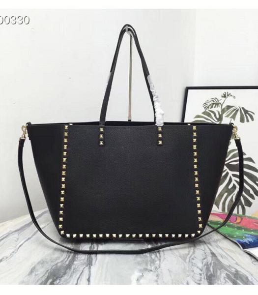 Valentino Black Original Real Leather 33cm Reversible Tote Bag Golden Rivet