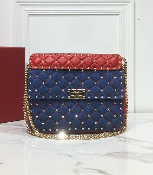 Valentino Vltn Garavani Rockstud Spike Blue Demin With Red Original Lambskin 24cm Top Handle Chain Bag