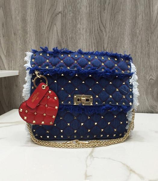 Valentino Vltn Garavani Rockstud Spike Blue Demin 24cm Top Handle Chain Bag