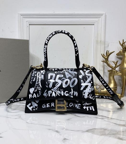 Balenciaga Doodling Print Black Plain Veins Real Leather 23cm Hourglass Bag