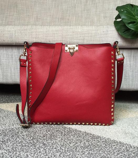 Valentino Guitar Rockstud Rolling Red Original Litchi Veins Leather 31cm Hobo Bag Golden Rivet