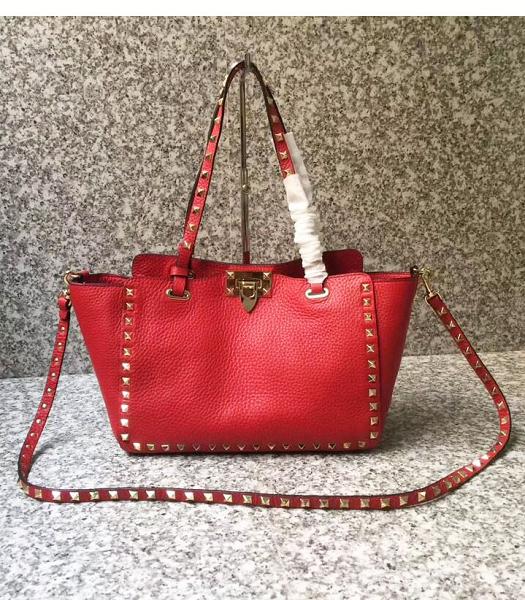 Valentino Rcckstud Red Imported Real Leather 26cm Shopping Bag Golden Rivets