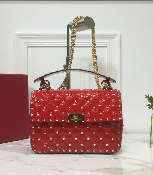 Valentino Vltn Garavani Rockstud Spike Red Imported Lambskin Patent 24cm Top Handle Chain Bag