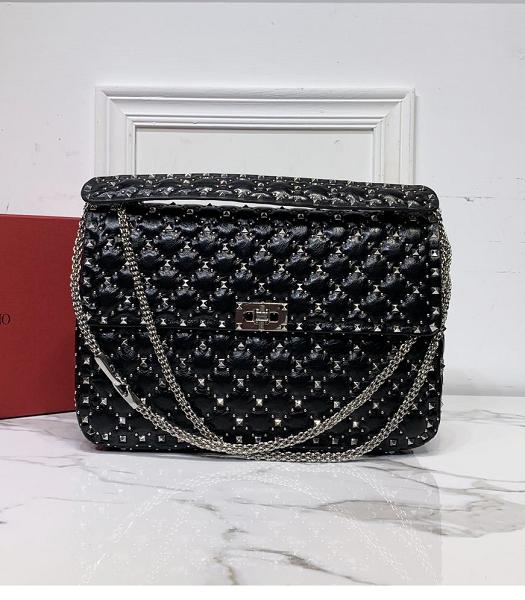 Valentino Garavani Rockstud Spike Black Imported Oil Wax Lambskin 30cm Top Handle Chain Bag Silver Rivets