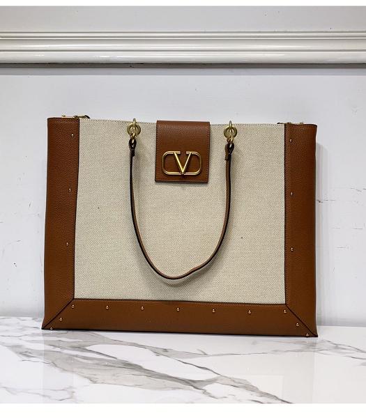 Valentino Garavani Canvas With Brown Original Real Leather Shoppin Bag