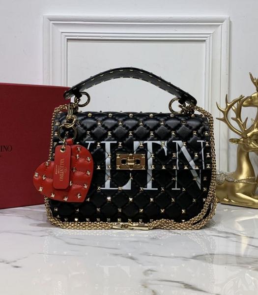 Valentino Vltn Garavani Rockstud Spike Black Imported Lambskin 24cm Top Handle Chain Bag