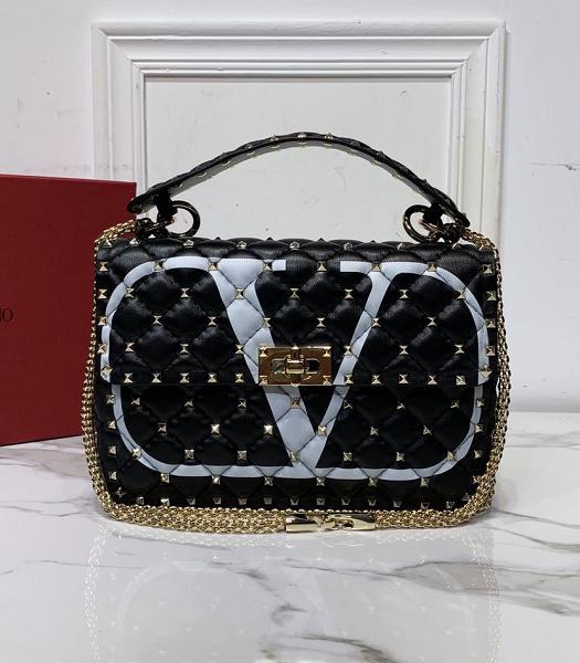 Valentino V Garavani Rockstud Spike Black Imported Lambskin 24cm Top Handle Chain Bag