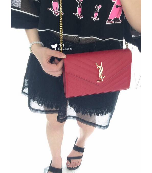 YSL Wine Red Original Caviar Veins Calfskin Leather Golden Chain 22cm Everope Bag