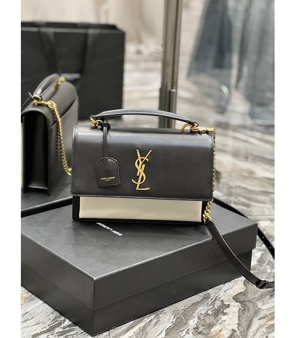 YSL Sunset Black/White Original Calfskin Golden Metal 25cm Top Handle Shoulder Bag