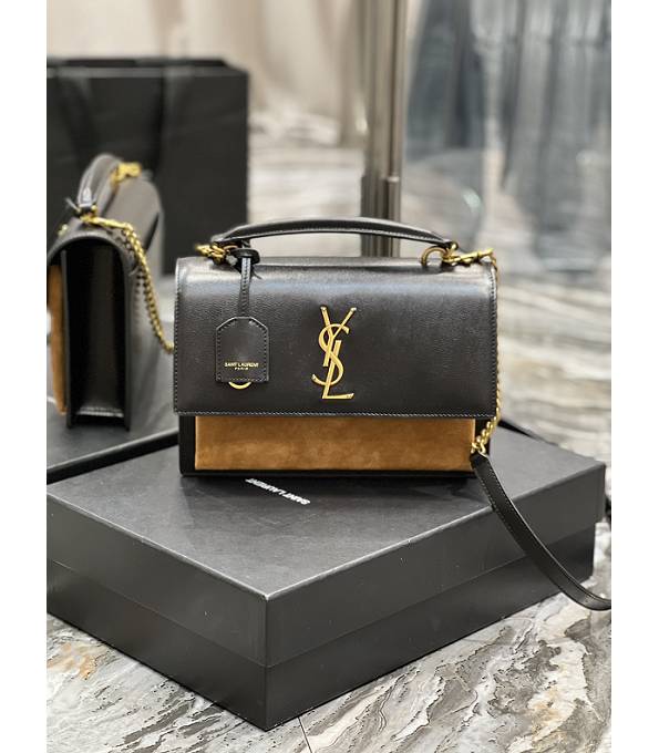 YSL Sunset Brown Original Scrub With Black Calfskin Golden Metal 25cm Top Handle Shoulder Bag