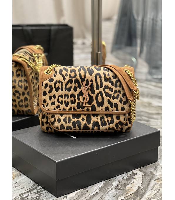 YSL Niki Brown Original Leopard Veins Calfskin Leather Golden Chain Medium Crossbody Bag