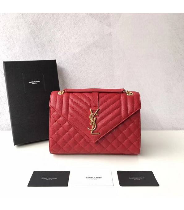 YSL Red Original Chevron Caviar Veins Calfskin Leather Golden Metal 24cm Envelope Bag