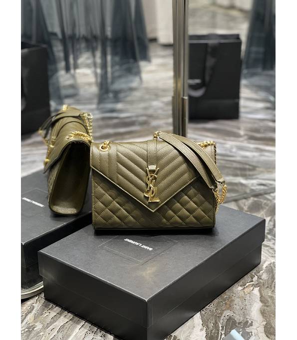 YSL Olive Green Original Chevron Caviar Veins Calfskin Leather Golden Metal 24cm Envelope Bag