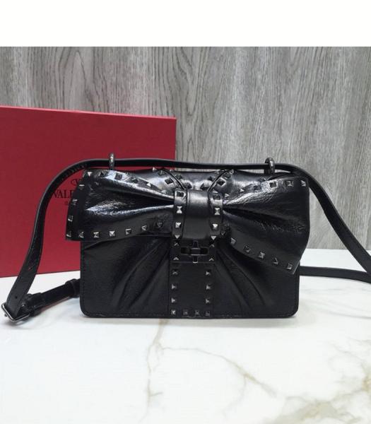 Valentino Bowknot Black Original Oil Wax Leather Shoulder Bag Black Rivets