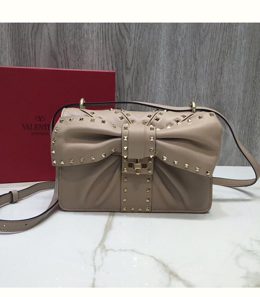 Valentino Bowknot Apricot Original Leather Shoulder Bag Golden Rivets