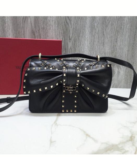 Valentino Bowknot Black Original Leather Shoulder Bag Golden Rivets