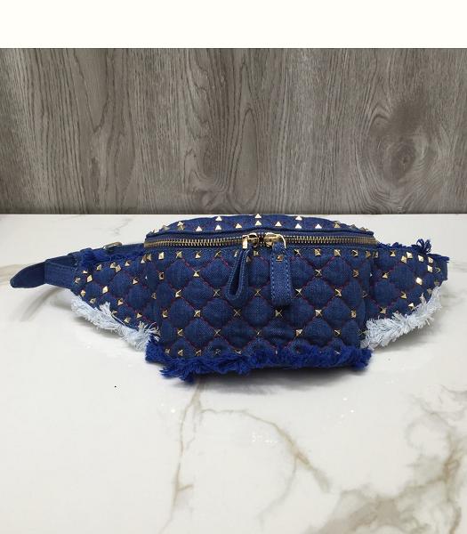 Valentino Garavani Free Rockstud Spike Blue Canvas With Original Lambskin Small Belt Bag Golden Rivets