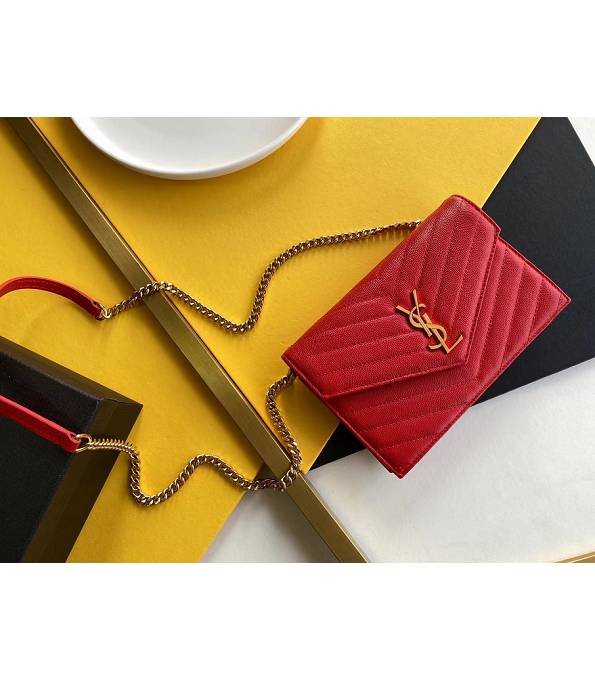 YSL Red Original Caviar Veins Calfskin Leather 19cm Envelope Golden Chain Wallet