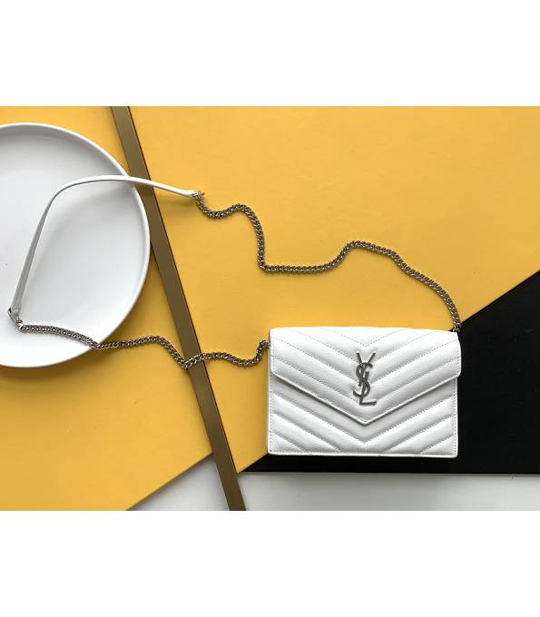 YSL White Original Caviar Veins Calfskin Leather 19cm Envelope Silver Chain Wallet