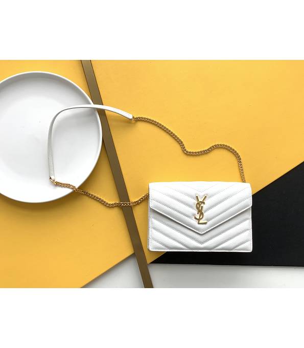 YSL White Original Caviar Veins Calfskin Leather 19cm Envelope Golden Chain Wallet