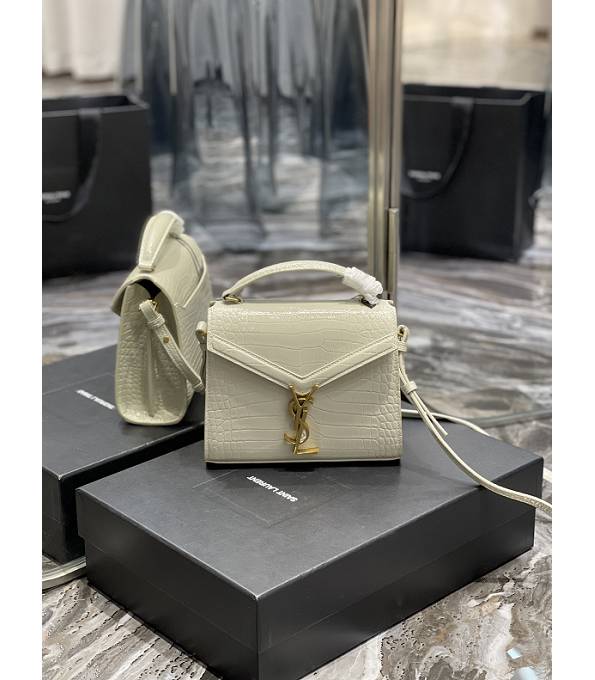 YSL Cassandra White Original Croc Veins Calfskin Leather Golden Metal Mini Top Handle Bag