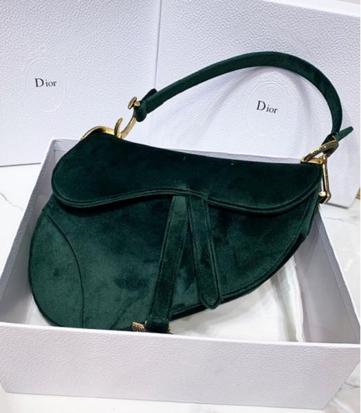 Christian Dior Original Velvet Diamond Metal 25cm Saddle Bag Dark Green