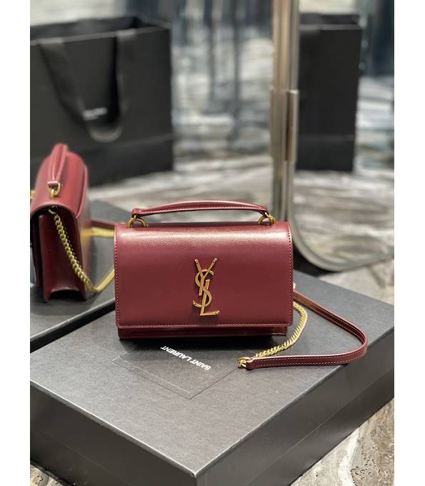 YSL Sunset Wine Red Original Pin Stripes Calfskin Leather Golden Metal Wallet On Chain