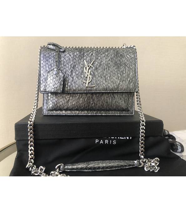 YSL Sunset Silver Original Snake Veins Calfskin Leather Silver Metal Medium Flap Shoulder Bag