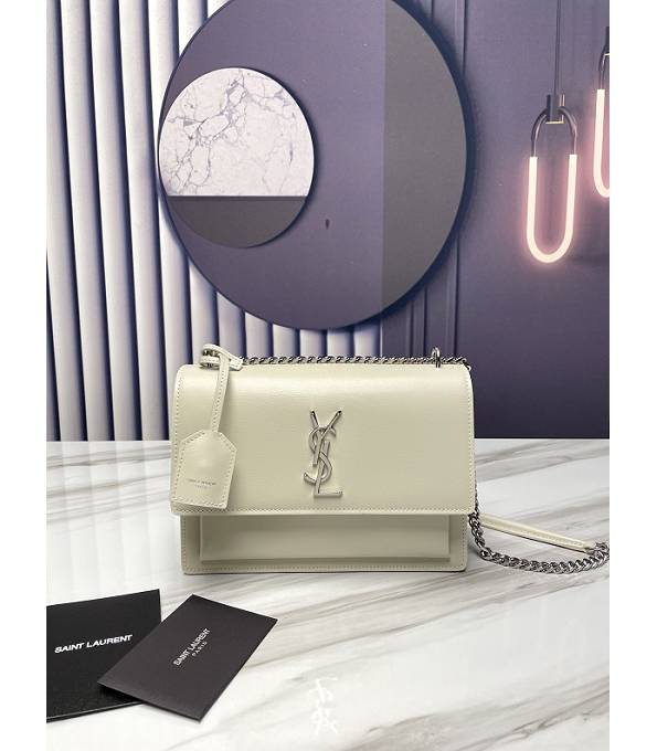 YSL Sunset White Original Pin Stripes Calfskin Leather Silver Metal Medium Flap Shoulder Bag