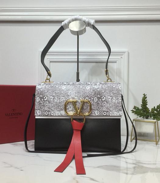 Valentino Garavani Vring Grey Lizard Veins With Black Calfskin Shoulder Bag