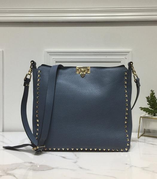 Valentino Guitar Rockstud Rolling Blue Original Litchi Veins Leather 31cm Hobo Bag Golden Rivet