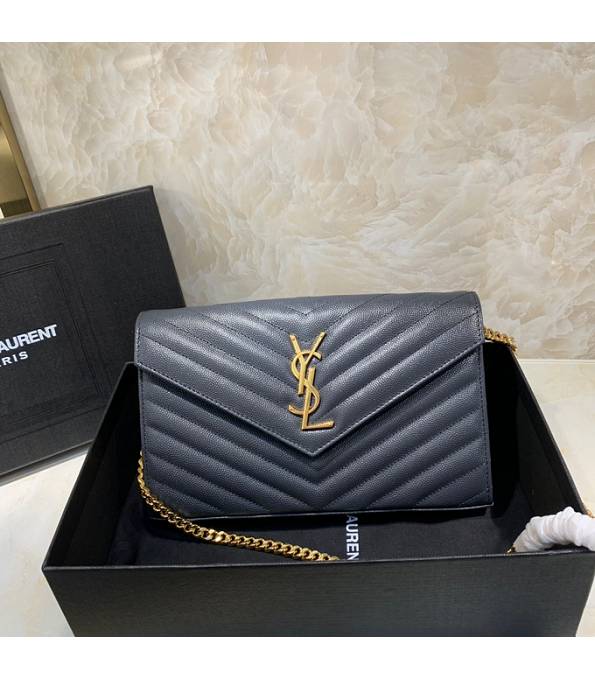 YSL Kate Grey Blue Original Caviar Veins Leather 22cm Monogram Golden Chain Wallet