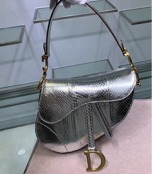 Christian Dior Oblique Original Snake Leather 25cm Saddle Tote Bag Silver