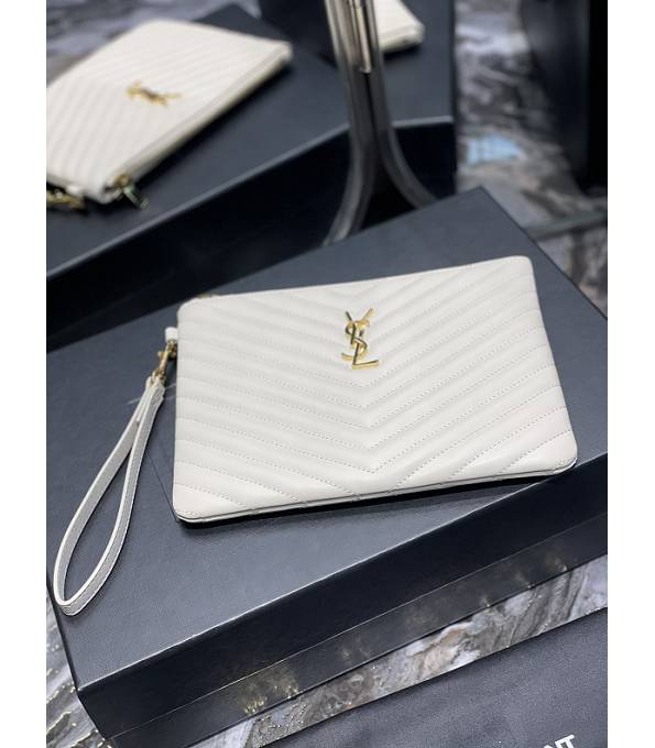 YSL Monogram Matelasse White Original Calfskin Leather Golden Metal A5 Pouch