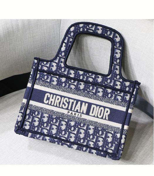 Christian Dior Oblique Embroidered Canvas 23cm Book Tote Bag Blue