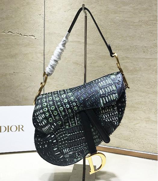 Christian Dior Elephant Embroidery Original Leather 25cm Saddle Bag Black