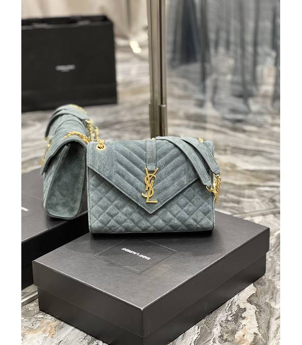 YSL Grey Green Original Chevron Scrub Calfskin Leather Golden Metal 24cm Envelope Bag