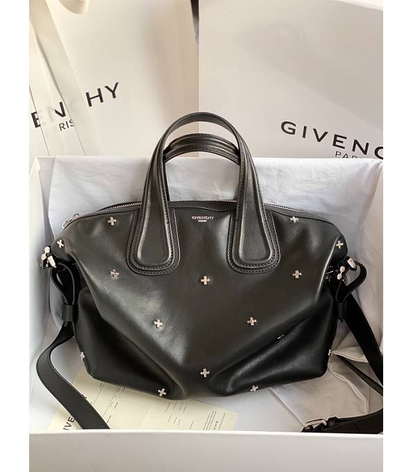 Givenchy Nightingale Black Original Plain Veins Calfskin Leather Silver Metal 28cm Tote Bag