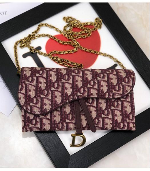 Christian Dior Oblique Embroidered Canvas 19cm Saddle Flap Wallet Bag With Chain Jujube