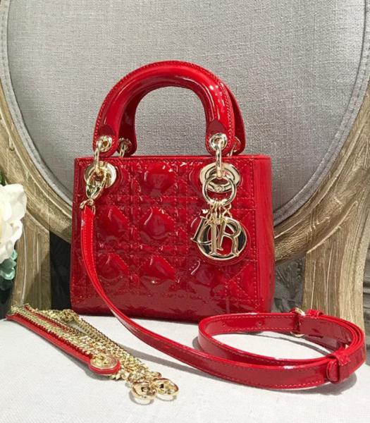 Christian Dior Original Lambskin Patent Golden Metal 17cm Tote Bag Red