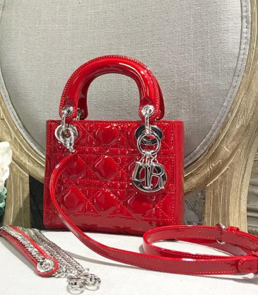 Christian Dior Original Lambskin Patent Silver Metal 17cm Tote Bag Red