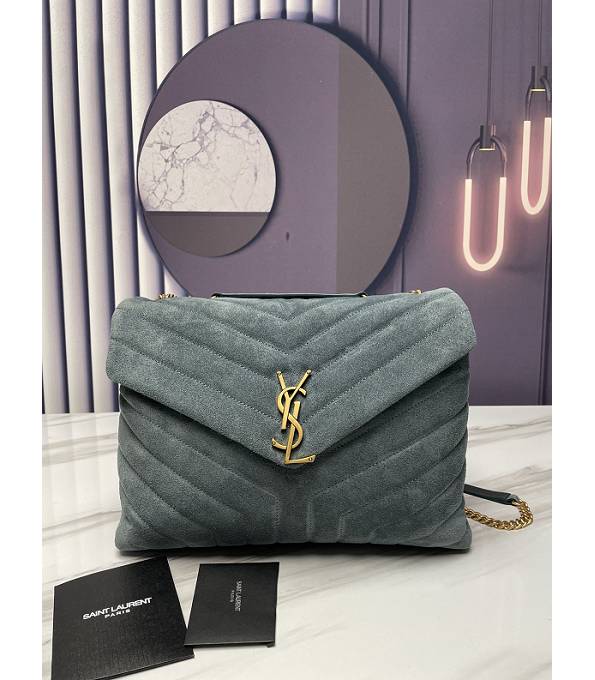 YSL LouLou Grey Green Original Scrub Calfskin Leather Golden Metal Medium Messenger Bag