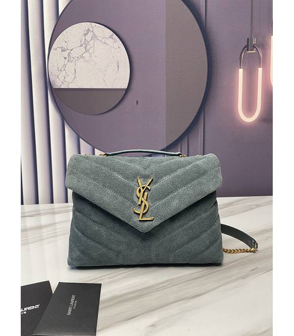 YSL Loulou Grey Green Original Scrub Calfskin Leather Golden Metal 25cm Shoulder Bag