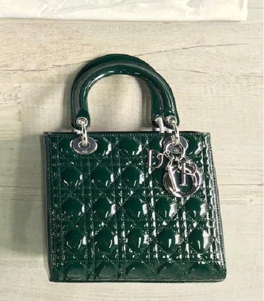 Christian Dior Original Patent Leather Silver Metal 24cm Tote Bag Dark Green