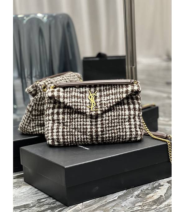 YSL Loulou Puffer Black/White Tweed With Original Leather Golden Chain 29cm Shoulder Bag