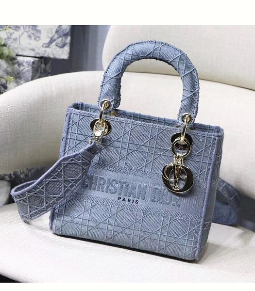 Christian Dior Embroidery Canvas Golden Metal 24cm Tote Bag Light Blue